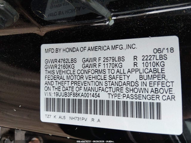 45476231 :رقم المزاد ، 19UUB3F88KA001454 vin ، 2019 Acura Tlx Advance Pkg مزاد بيع