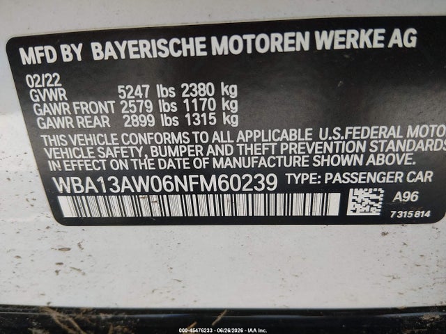 Продаж на аукціоні авто 2022 Bmw M440i Gran Coupe Xdrive, vin: WBA13AW06NFM60239, номер лоту: 45476233