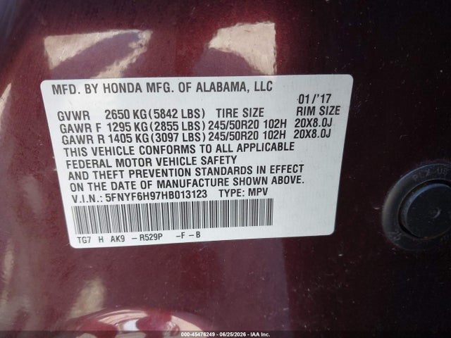 Honda Pilot Touring 2017 5FNYF6H97HB013123 Image 9
