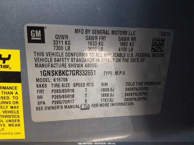 1GNSKBKC7GR332651 Chevrolet Tahoe Lt