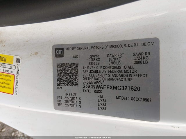 3GCNWAEFXMG321620 Chevrolet Silverado 1500 2wd Long Bed Wt