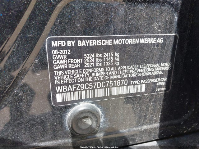 Продаж на аукціоні авто 2013 Bmw Activehybrid 5, vin: WBAFZ9C57DC751870, номер лоту: 45476361