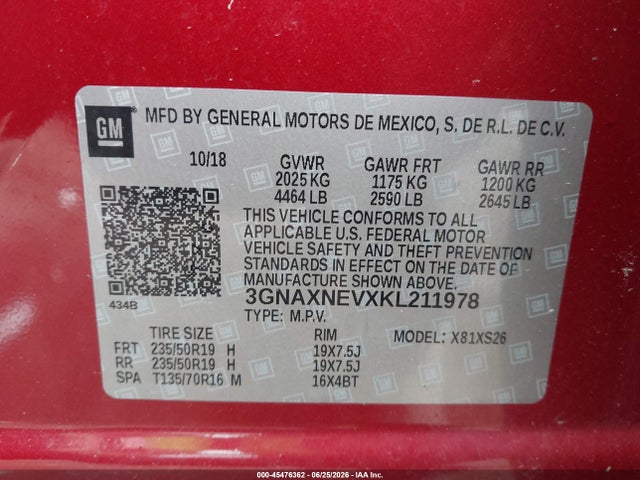 45476362 :رقم المزاد ، 3GNAXNEVXKL211978 vin ، 2019 Chevrolet Equinox Premier مزاد بيع