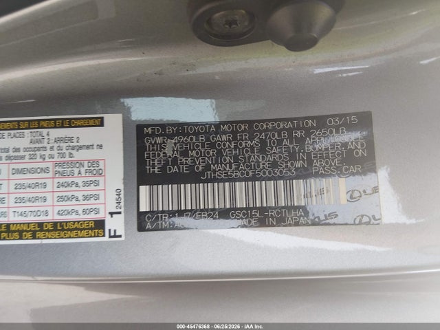 Aukcja sprzedaży 2015 Lexus Rc 350, vin: JTHSE5BC0F5003053, numer aukcji: 45476368