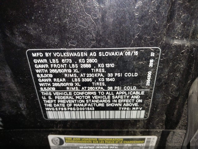 45476420 :رقم المزاد ، WVGEF9BP6GD001543 vin ، 2016 Volkswagen Touareg Vr6 Lux مزاد بيع