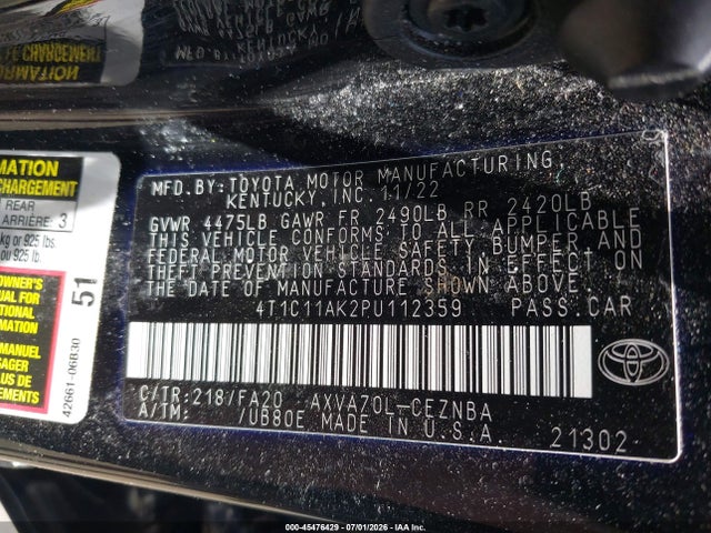 45476429 :رقم المزاد ، 4T1C11AK2PU112359 vin ، 2023 Toyota Camry Le مزاد بيع