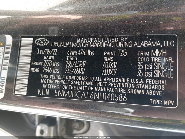 45476435 :رقم المزاد ، 5NMJBCAE6NH140586 vin ، 2022 Hyundai Tucson Sel مزاد بيع