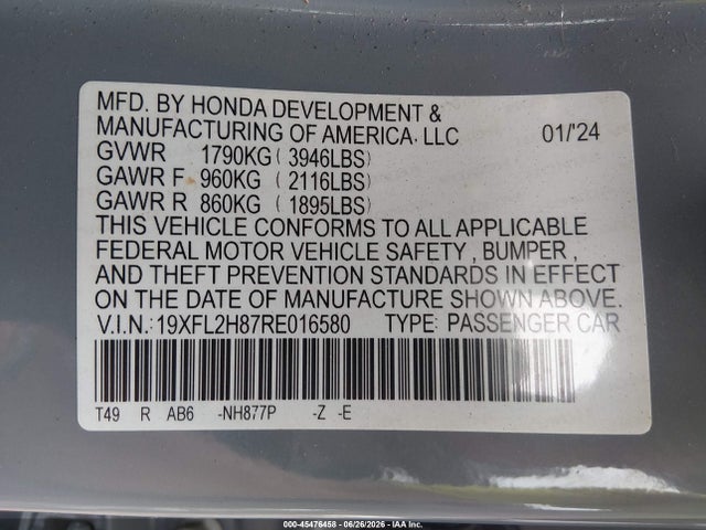 45476458 :رقم المزاد ، 19XFL2H87RE016580 vin ، 2024 Honda Civic Sport مزاد بيع
