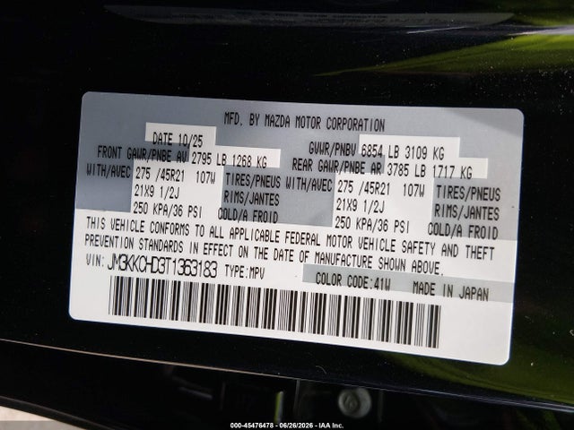 Aukcja sprzedaży 2026 Mazda Cx-90 3.3 Turbo Premium Sport, vin: JM3KKCHD3T1363183, numer aukcji: 45476478