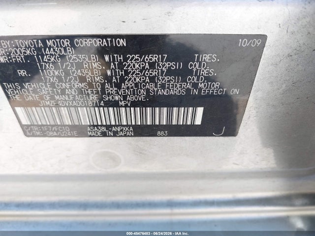 Aukcja sprzedaży 2010 Toyota Rav4, vin: JTMZF4DVXAD018714, numer aukcji: 45476483