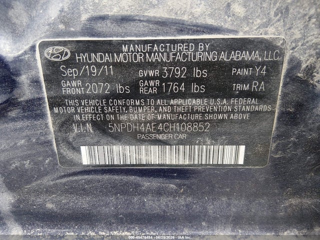 Продаж на аукціоні авто 2012 Hyundai Elantra Gls, vin: 5NPDH4AE4CH108852, номер лоту: 45476484
