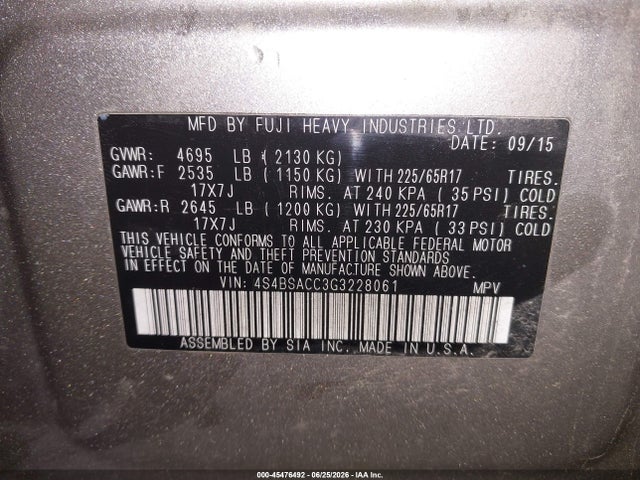 45476492 :رقم المزاد ، 4S4BSACC3G3228061 vin ، 2016 Subaru Outback 2.5i Premium مزاد بيع