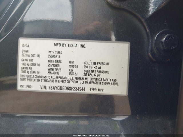45476502 :رقم المزاد ، 7SAYGDED6SF234944 vin ، 2025 Tesla Model Y Long Range Dual Motor Rear-wheel Drive مزاد بيع