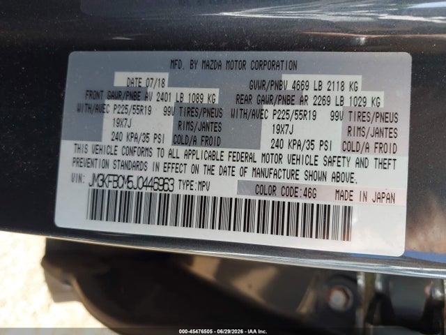 45476505 :رقم المزاد ، JM3KFBCM5J0446963 vin ، 2018 Mazda Cx-5 Touring مزاد بيع
