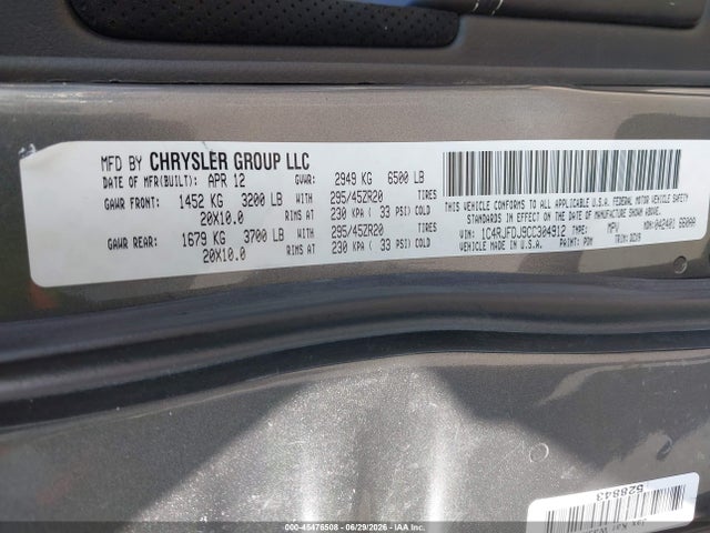 Aukcja sprzedaży 2012 Jeep Grand Cherokee Srt8, vin: 1C4RJFDJ9CC304912, numer aukcji: 45476508