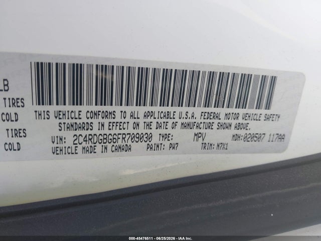 45476511 :رقم المزاد ، 2C4RDGBG6FR709030 vin ، 2015 Dodge Grand Caravan Se Plus مزاد بيع
