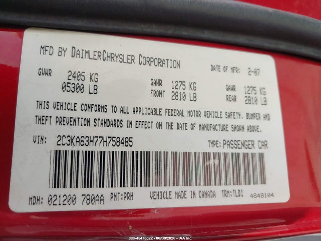2007 Chrysler 300c მანქანა იყიდება აუქციონზე, vin: 2C3KA63H77H758485, აუქციონის ნომერი: 45476522