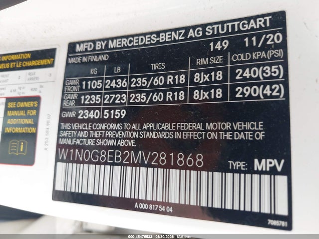 45476533 :رقم المزاد ، W1N0G8EB2MV281868 vin ، 2021 Mercedes-benz Glc 300 4matic Suv مزاد بيع