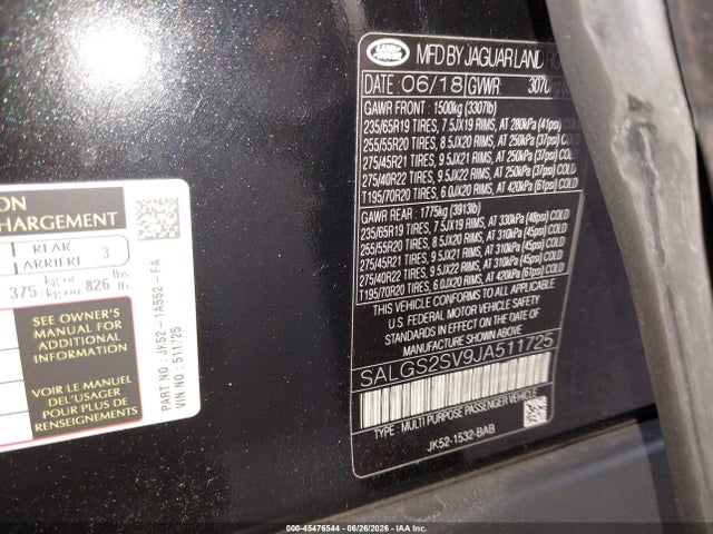 45476544 :رقم المزاد ، SALGS2SV9JA511725 vin ، 2018 Land Rover Range Rover 3.0l V6 Supercharged Hse مزاد بيع