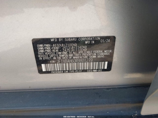 Aukcja sprzedaży 2024 Subaru Wrx Premium, vin: JF1VBAH60R9801279, numer aukcji: 45476550