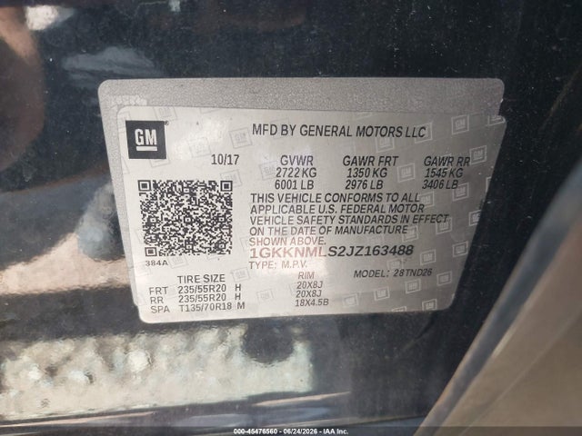 45476560 :رقم المزاد ، 1GKKNMLS2JZ163488 vin ، 2018 Gmc Acadia Slt-1 مزاد بيع