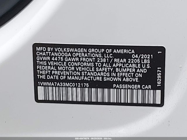 Продаж на аукціоні авто 2021 Volkswagen Passat 2.0t R-line, vin: 1VWMA7A33MC012175, номер лоту: 45476576