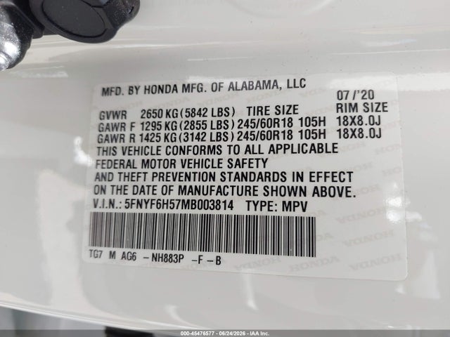 5FNYF6H57MB003814 Honda Pilot Awd Ex-l