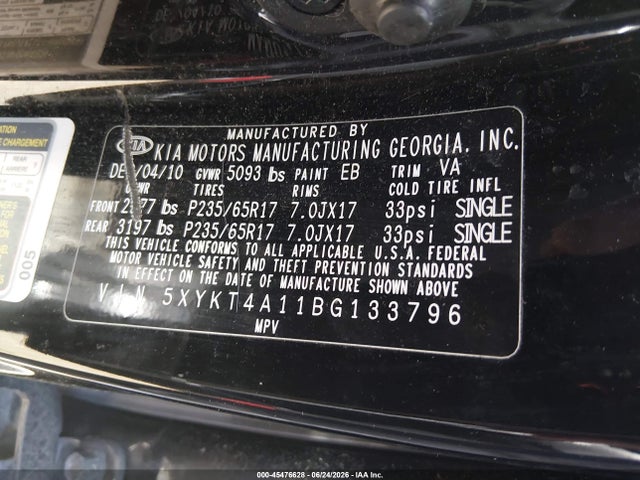 2011 Kia Sorento Lx მანქანა იყიდება აუქციონზე, vin: 5XYKT4A11BG133796, აუქციონის ნომერი: 45476628