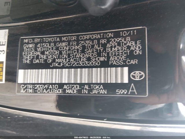 45476633 :رقم المزاد ، JTKJF5C72C3032050 vin ، 2012 Scion Tc مزاد بيع
