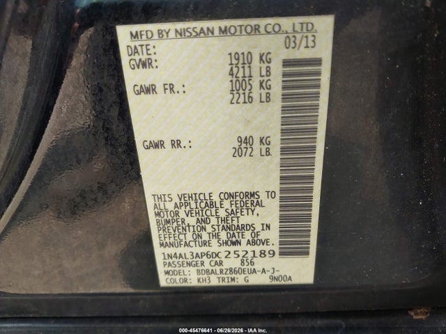 Продажа на аукционе авто 2013 Nissan Altima 2.5 S, vin: 1N4AL3AP6DC252189, номер лота: 45476641