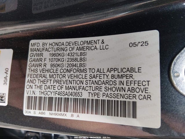 45476674 :رقم المزاد ، 1HGCY1F46SA040653 vin ، 2025 Honda Accord Se مزاد بيع