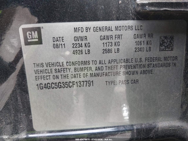 Aukcja sprzedaży 2012 Buick Lacrosse Leather Group, vin: 1G4GC5G35CF137791, numer aukcji: 45476675