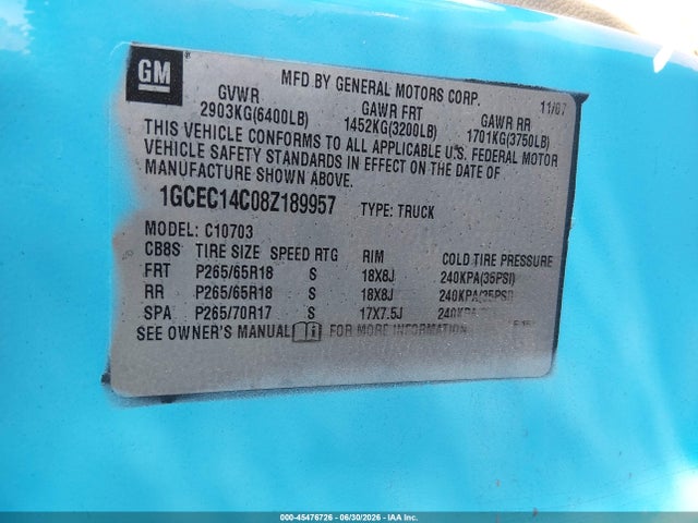 Продаж на аукціоні авто 2008 Chevrolet Silverado 1500 Lt1, vin: 1GCEC14C08Z189957, номер лоту: 45476726