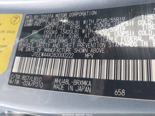 Auction sale of the 2008 Toyota Highlander Hybrid Limited, vin: JTEEW44A282000222, lot number: 45476730