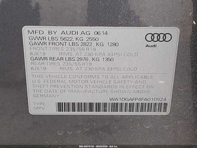 Продаж на аукціоні авто 2015 Audi Q5 3.0t Premium Plus, vin: WA1DGAFP4FA010924, номер лоту: 45476739