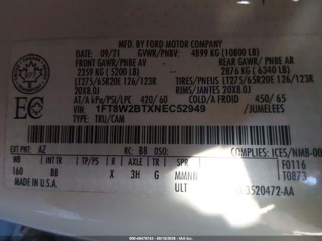 Продаж на аукціоні авто 2022 Ford F-250, vin: 1FT8W2BTXNEC52949, номер лоту: 45476743
