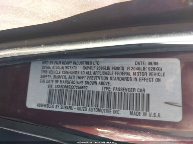 45476756 :رقم المزاد ، 4S3BD685XX7255692 vin ، 1999 Subaru Legacy 30th Ann. Sus/30th Ann. Sus Ltd. مزاد بيع