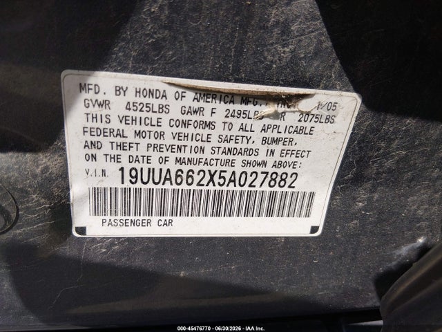45476770 :رقم المزاد ، 19UUA662X5A027882 vin ، 2005 Acura Tl مزاد بيع