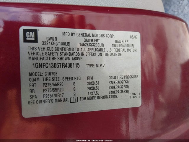 45476786 :رقم المزاد ، 1GNFC13067R408115 vin ، 2007 Chevrolet Tahoe Ltz مزاد بيع