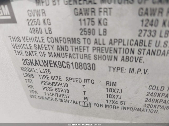 Aukcja sprzedaży 2012 Gmc Terrain Slt-2, vin: 2GKALWEK9C6108030, numer aukcji: 45476796