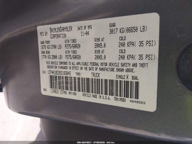 45476821 :رقم المزاد ، 1D7HA18D35S183845 vin ، 2005 Dodge Ram 1500 Slt/laramie مزاد بيع