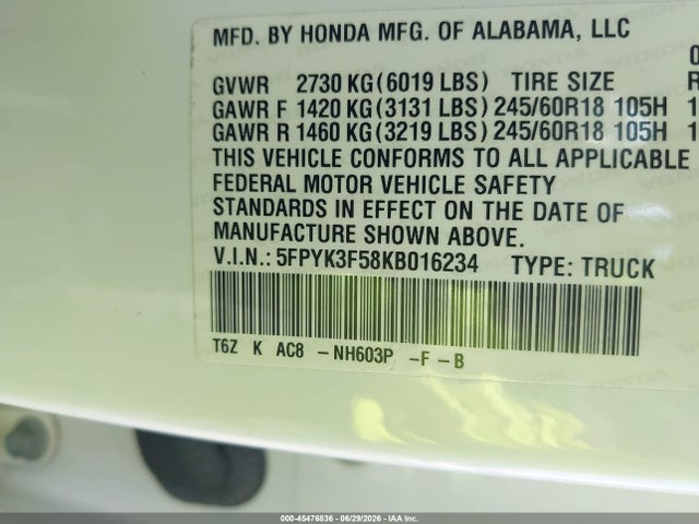 5FPYK3F58KB016234 Honda Ridgeline Rtl