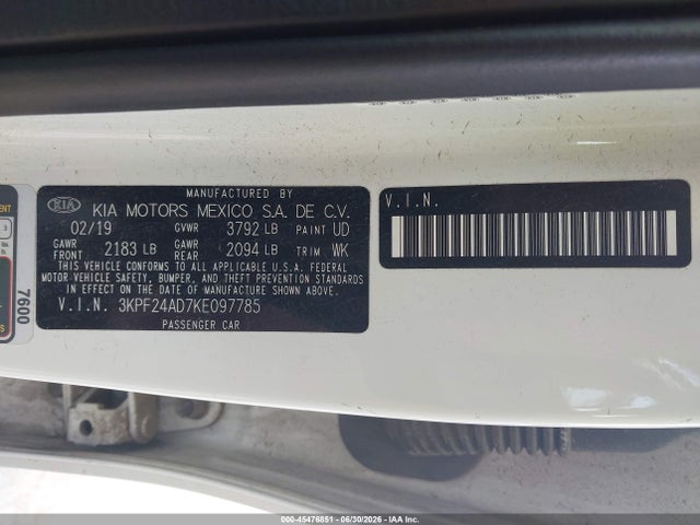 Aukcja sprzedaży 2019 Kia Forte Fe, vin: 3KPF24AD7KE097785, numer aukcji: 45476851