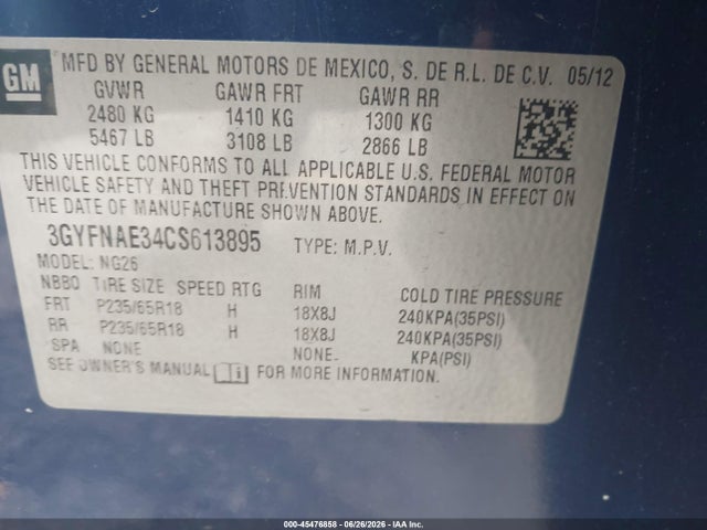 45476858 :رقم المزاد ، 3GYFNAE34CS613895 vin ، 2012 Cadillac Srx Luxury Collection مزاد بيع