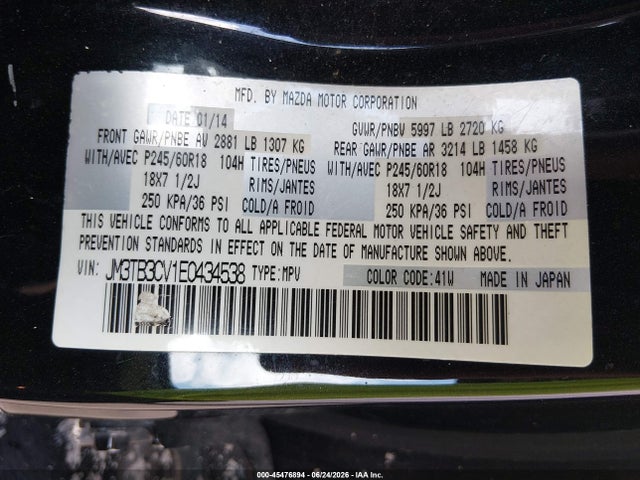 45476894 :رقم المزاد ، JM3TB3CV1E0434538 vin ، 2014 Mazda Cx-9 Touring مزاد بيع