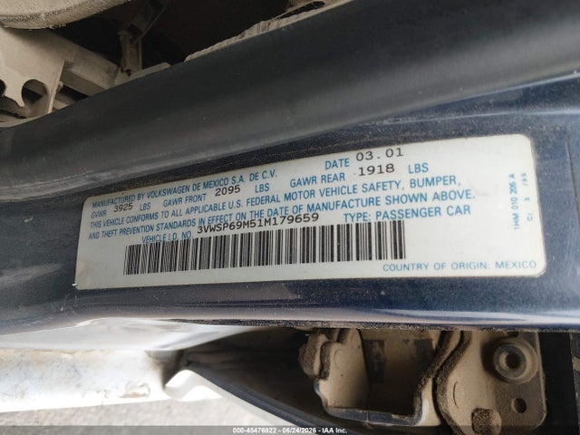 2001 Volkswagen Jetta Gls Tdi მანქანა იყიდება აუქციონზე, vin: 3VWSP69M51M179659, აუქციონის ნომერი: 45476922
