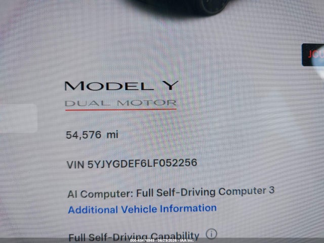 Продаж на аукціоні авто 2020 Tesla Model Y Long Range Dual Motor All-wheel Drive/performance Dual Motor All-wheel Drive, vin: 5YJYGDEF6LF052256, номер лоту: 45476949