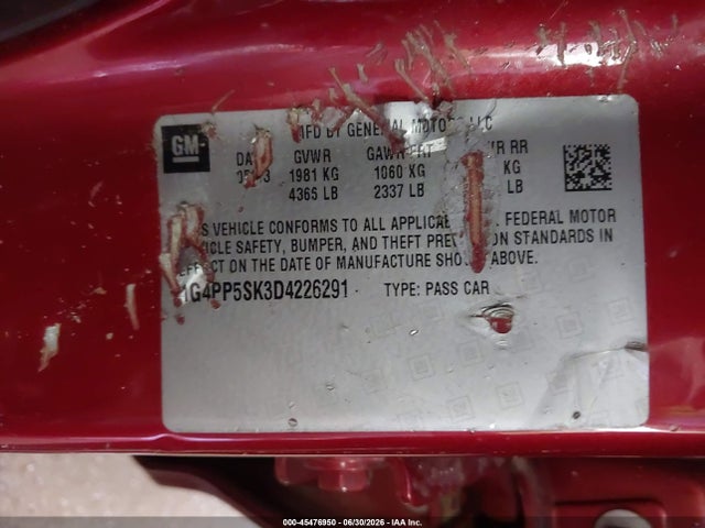 2013 Buick Verano მანქანა იყიდება აუქციონზე, vin: 1G4PP5SK3D4226291, აუქციონის ნომერი: 45476950