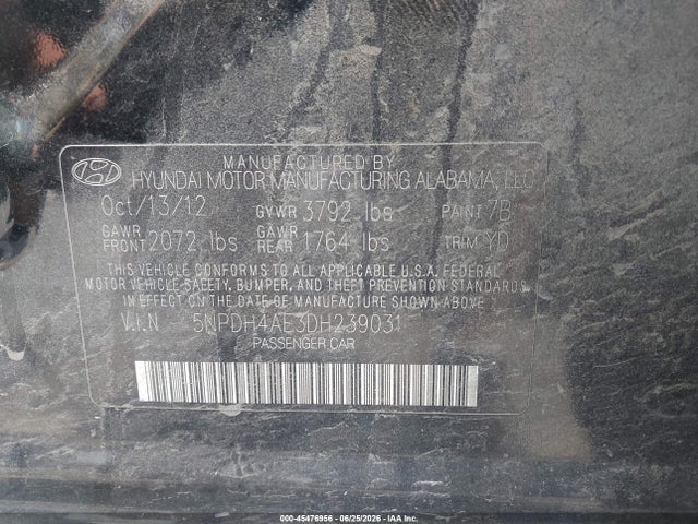 2013 Hyundai Elantra Limited მანქანა იყიდება აუქციონზე, vin: 5NPDH4AE3DH239031, აუქციონის ნომერი: 45476956
