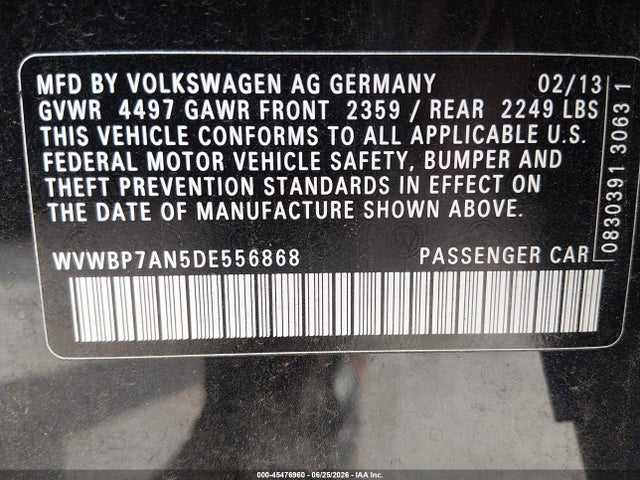 2013 Volkswagen Cc 2.0t Sport მანქანა იყიდება აუქციონზე, vin: WVWBP7AN5DE556868, აუქციონის ნომერი: 45476960